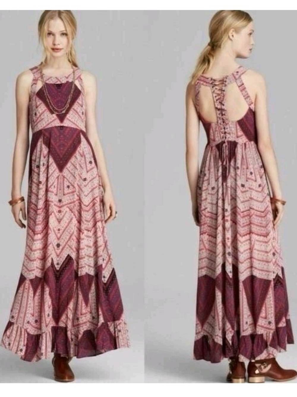 Free People Made My Day Geometric Lace-Up Maxi Dress Sz 6